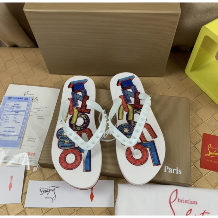 Christian Louboutin White Multi‑Color Graphic Print Studded Flip‑Flop Sandals