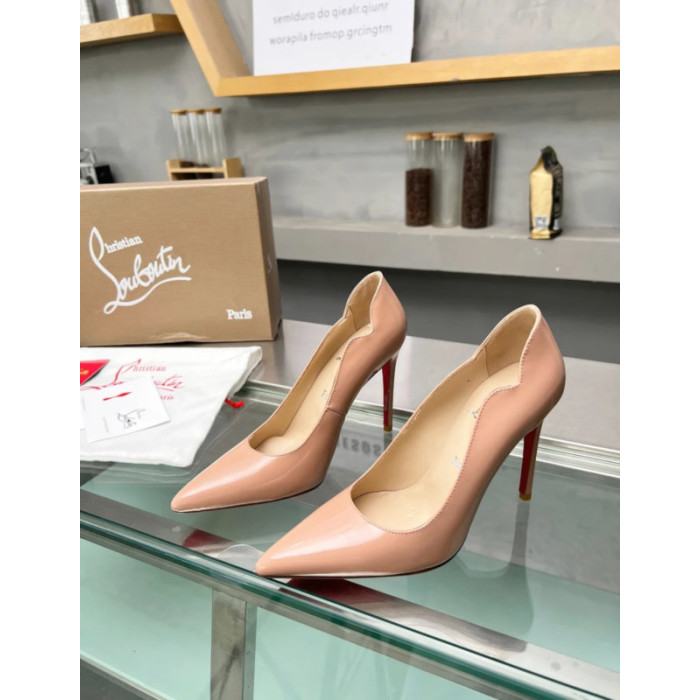 Christian Louboutin Nude Patent Leather Scalloped Pointed‑Toe 120mm High Heel Pumps