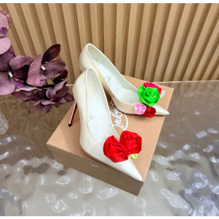 Christian Louboutin Off‑White Satin Multicolor Fabric Flower 100mm Stiletto Heel Pumps