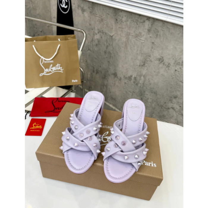 Christian Louboutin Lavender Leather Studded 55mm heel Slide Sandals