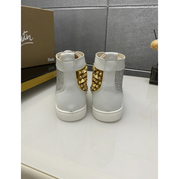Christian Louboutin White Strass Rhinestone Spiked High‑Top Sneakers