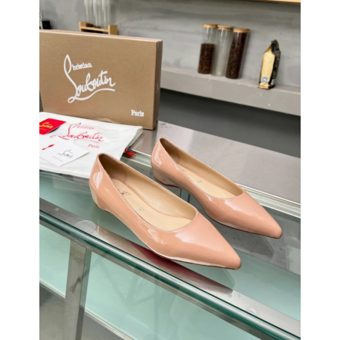 Christian Louboutin Nude Patent Leather Pointed‑Toe Low‑Wedge Heel Flats