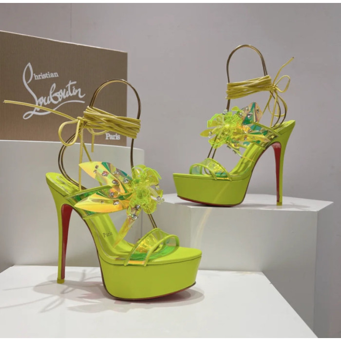 Christian Louboutin Neon Yellow Patent Iridescent Crystal‑Flower 150mm Platform Ankle‑Tie Sandals