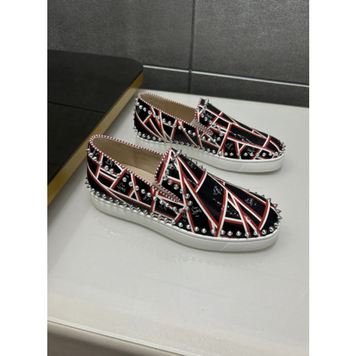 Christian Louboutin Black Patent Geometric‑Print Spiked Slip‑On Sneakers