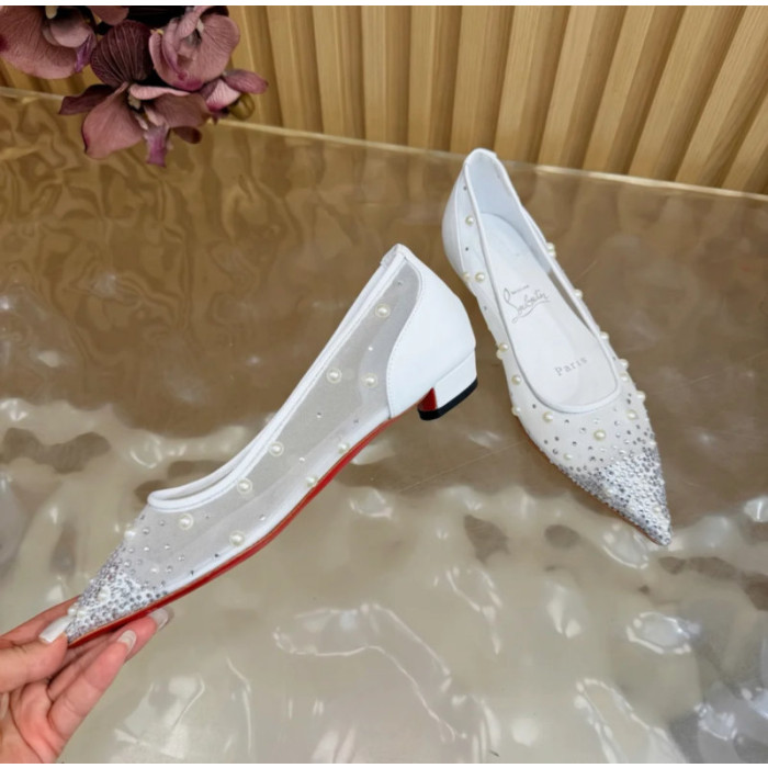 Christian Louboutin White Mesh Pearl Crystal‑Embellished Pointed‑Toe Flat Pumps