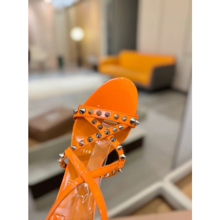 Christian Louboutin Orange Patent Studded Crisscross Ankle‑Strap Open‑Toe High Heel Sandals