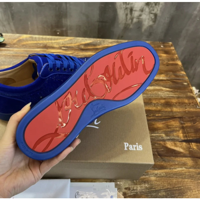Christian Louboutin Royal Blue Suede Crystal‑Encrusted Low‑Top Sneakers