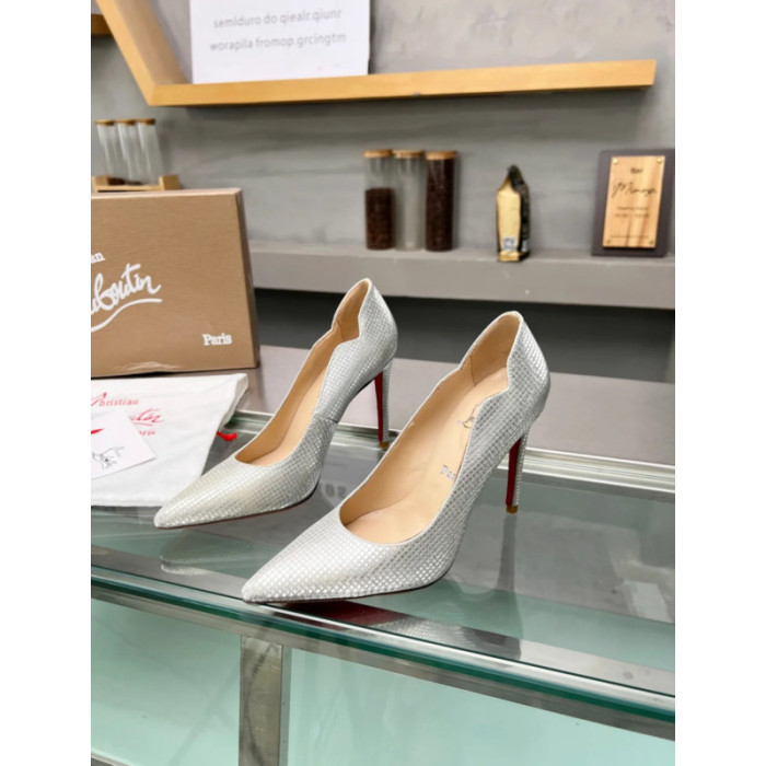Christian Louboutin Silver Textured Scalloped 100mm heel Pump