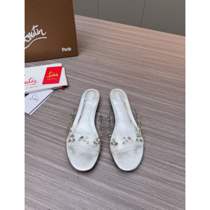Christian Louboutin Clear Strap Crystal‑Adorned Silver Flat Slide Sandals