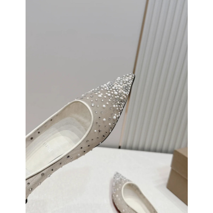 Christian Louboutin White Mesh Pearl Crystal‑Embellished Pointed‑Toe Flat Shoes