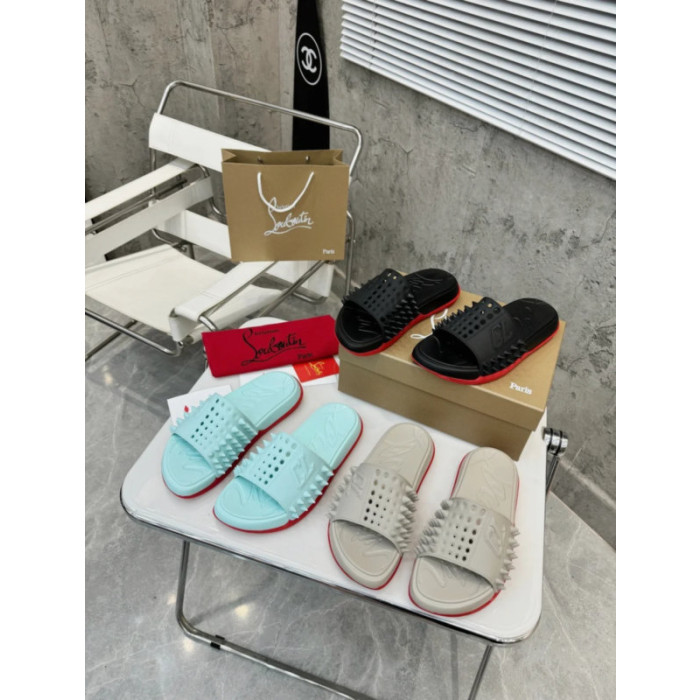 Christian Louboutin White Spiked CL Logo Slide Sandal