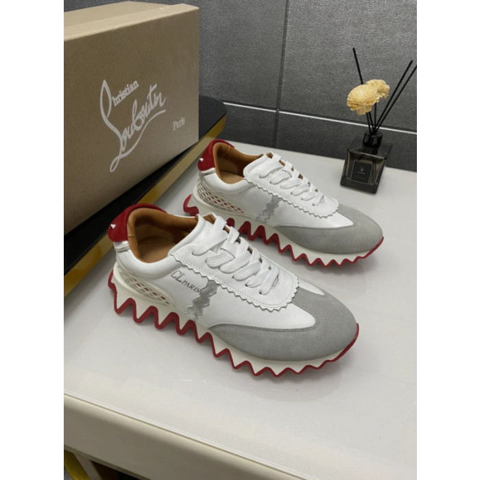 Christian Louboutin White Leather Suede Red Zigzag Sole Low‑Top Sneakers