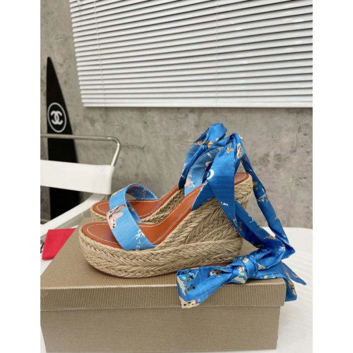Christian Louboutin Blue Cartoon Print Fabric 120mm heel Wedge Ankle‑Wrap Espadrille Sandal