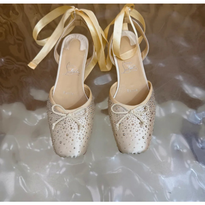 Christian Louboutin Cream Satin Crystal‑Embellished Ankle‑Tie Slingback Ballet Flats
