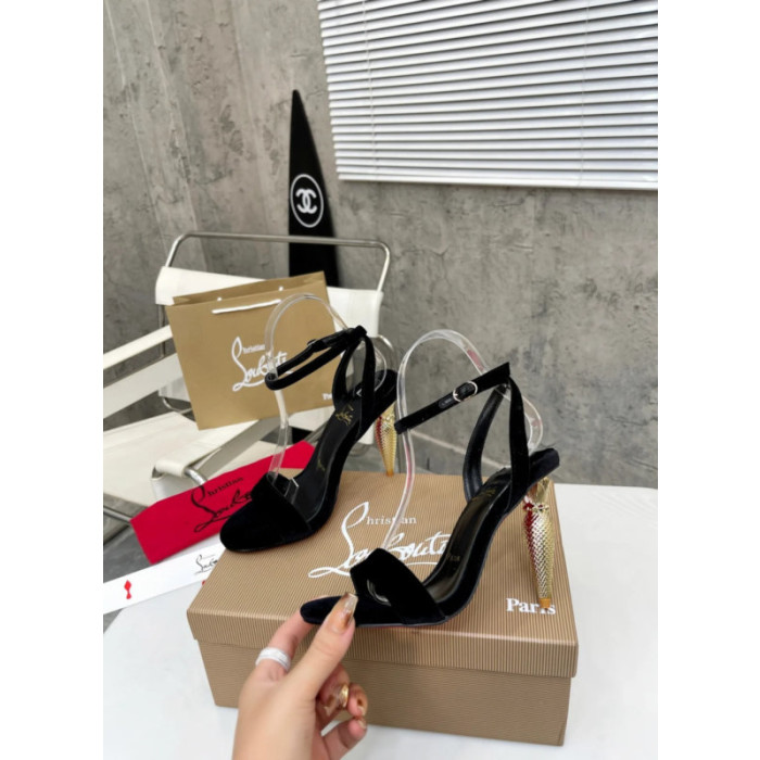Christian Louboutin Black Velvet 100mm heel Ankle Strap Sandals