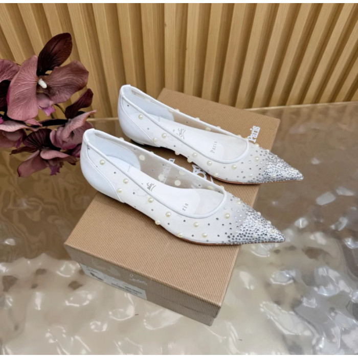 Christian Louboutin White Mesh Pearl Crystal‑Embellished Pointed‑Toe Flat Pumps