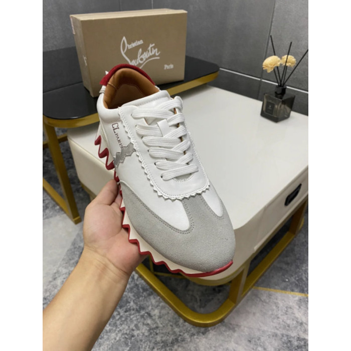 Christian Louboutin White Leather Suede Red Zigzag Sole Low‑Top Sneakers
