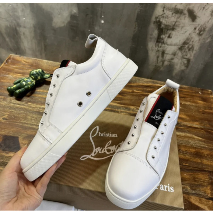 Christian Louboutin White Leather Silver‑Spiked Slip‑On Low‑Top Sneakers