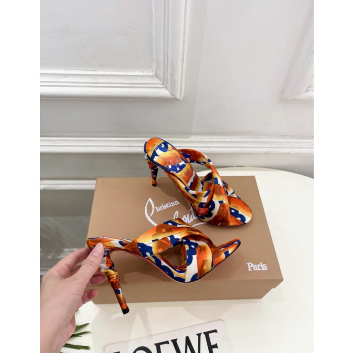 Christian Louboutin Colorful Printed Satin Twist‑Strap Mule High‑Heel Sandals