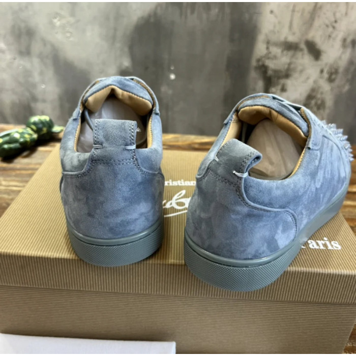 Christian Louboutin Dusty Blue Suede Spiked Low‑Top Men’s Sneakers