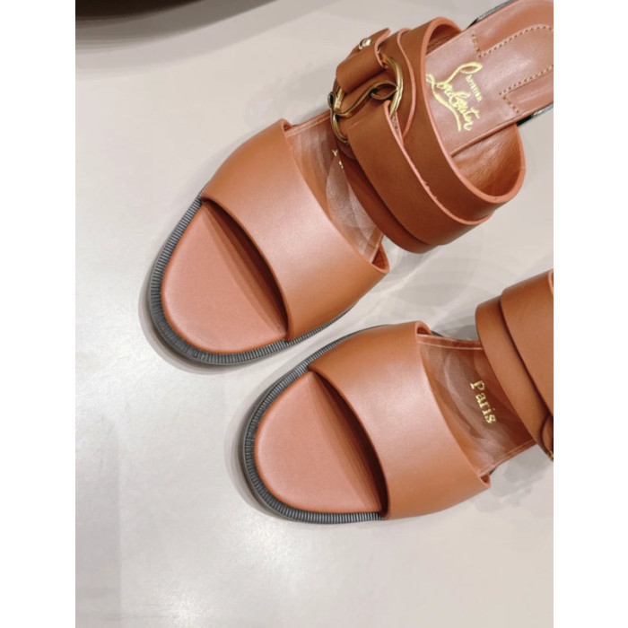 Christian Louboutin Tan Leather CL‑Buckle Mule Block Heel Sandals 85mm heel