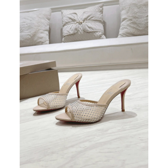 Christian Louboutin Beige Mesh Crystal‑Embellished 85mm Peep‑Toe Stiletto Heel Mules