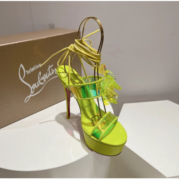 Christian Louboutin Neon Yellow Patent Iridescent Crystal‑Flower 150mm Platform Ankle‑Tie Sandals