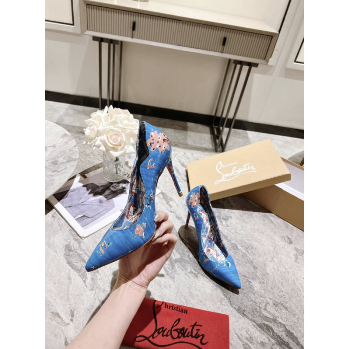 Christian Louboutin Blue Cartoon Print Scalloped 100mm heel Pump