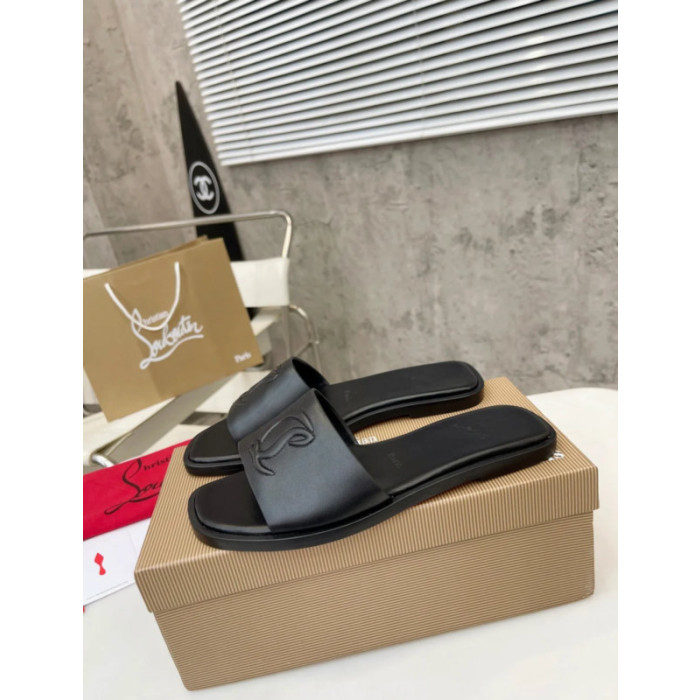 Christian Louboutin Signature Stitched Logo Black Leather Flat Slip‑on Sandal