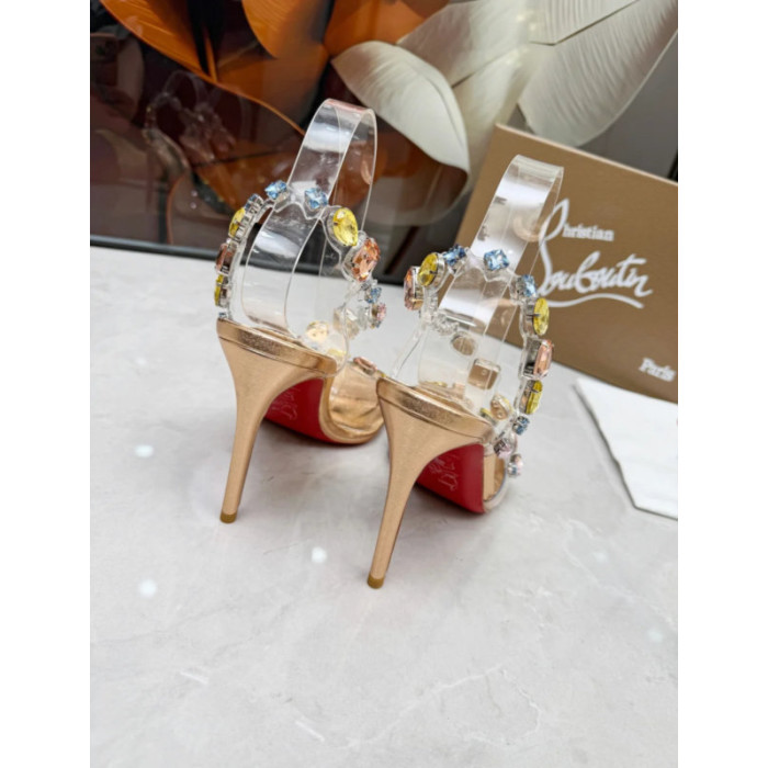 Christian Louboutin Gold Metallic Multicolor Crystal‑Embellished 100mm Stiletto Heel Slingback Sandals