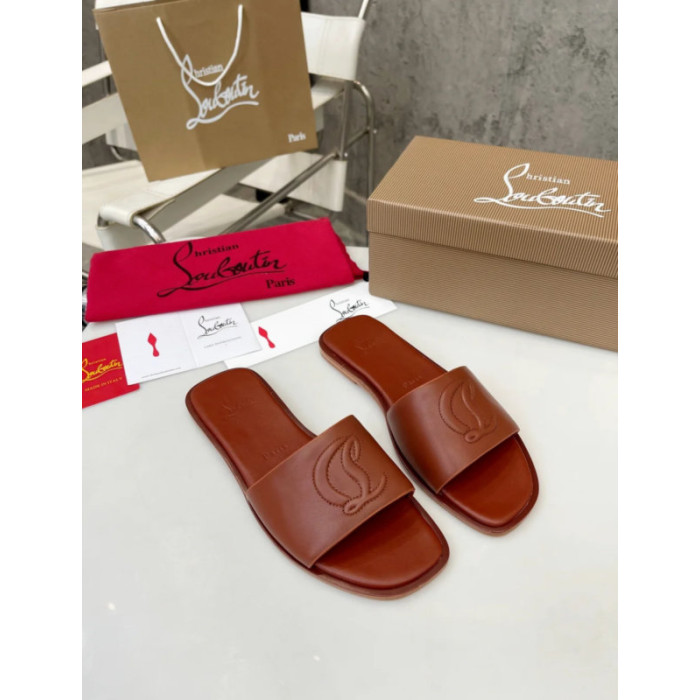 Christian Louboutin Caramel Brown Leather Stitched Logo Flat Slide Sandal