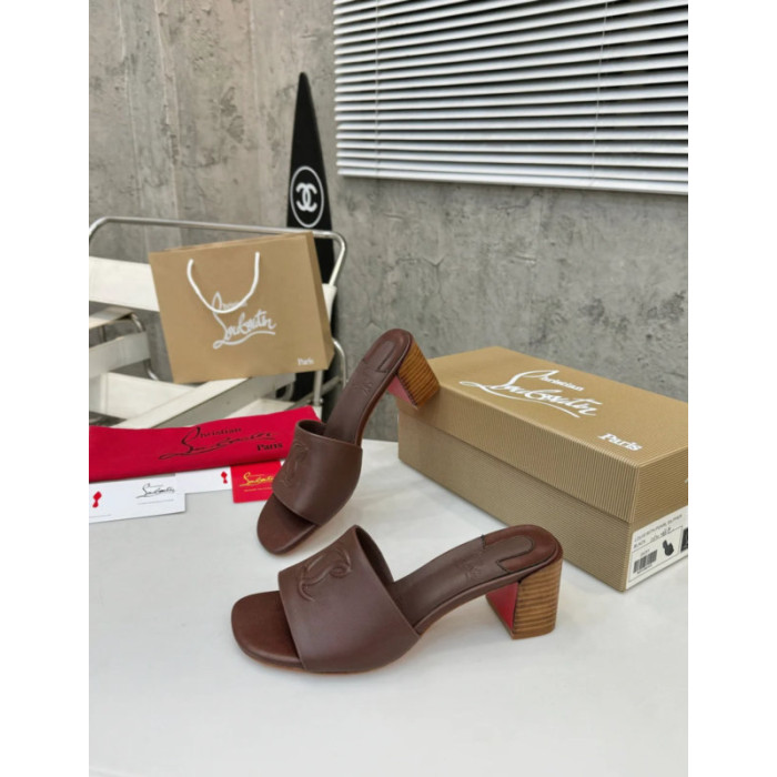 Christian Louboutin Brown Leather 55mm heel Block Heel Slide Sandal