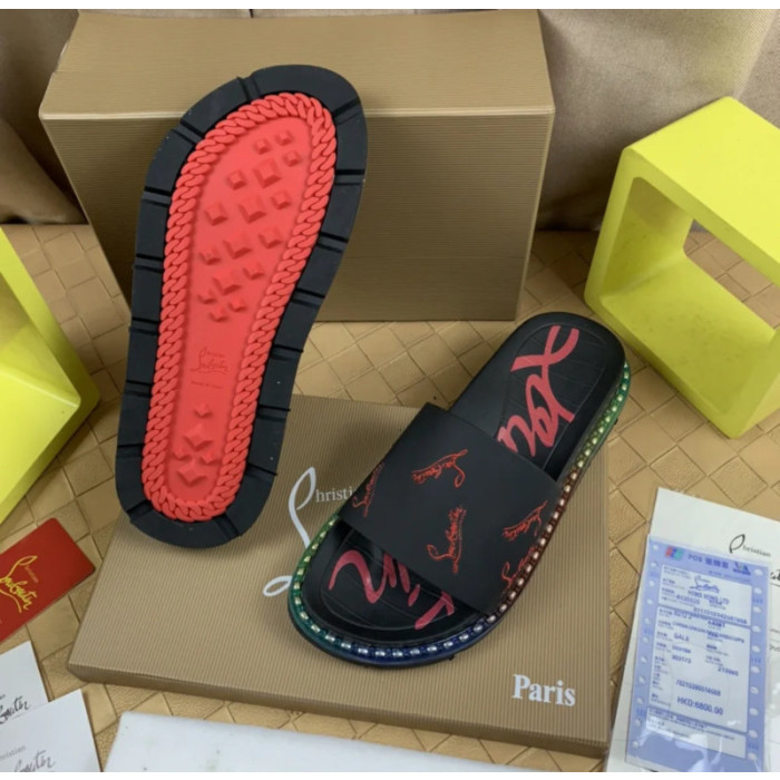Christian Louboutin Black Logo‑Print Slides Rainbow Crystal‑Trimmed Sole