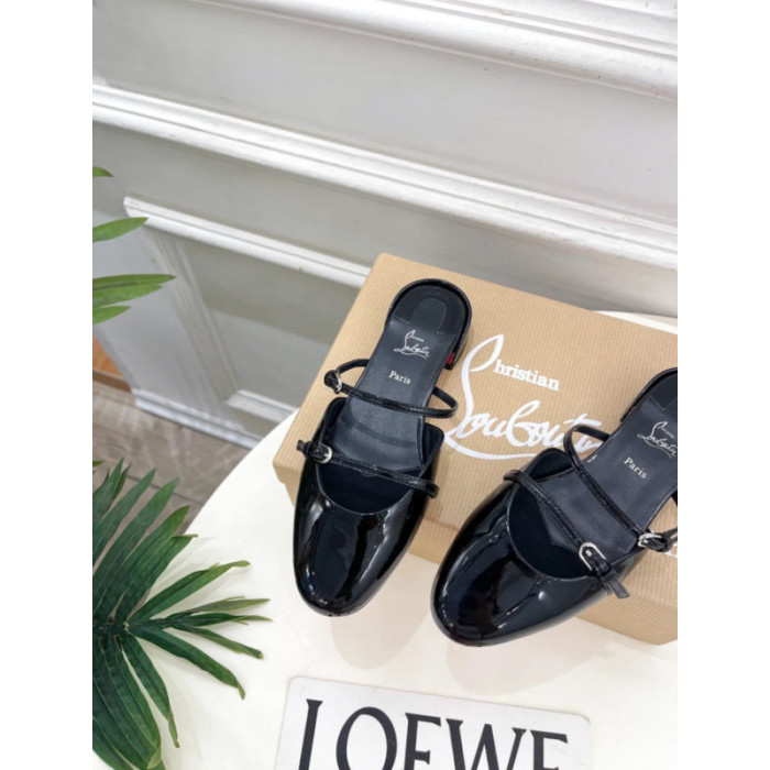 Christian Louboutin Black Patent Leather Slingback Flat Mule Flats