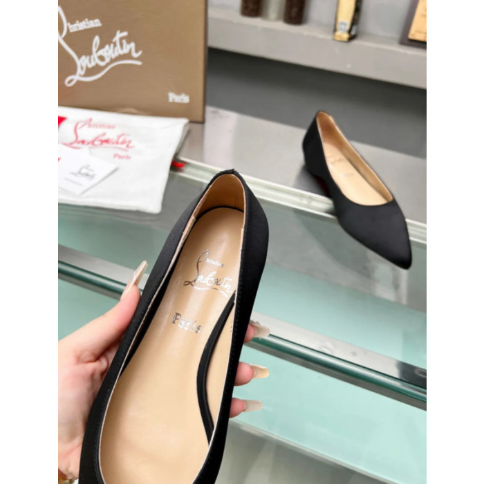 Christian Louboutin Black Satin Pointed‑Toe Low‑Wedge Heel Flats