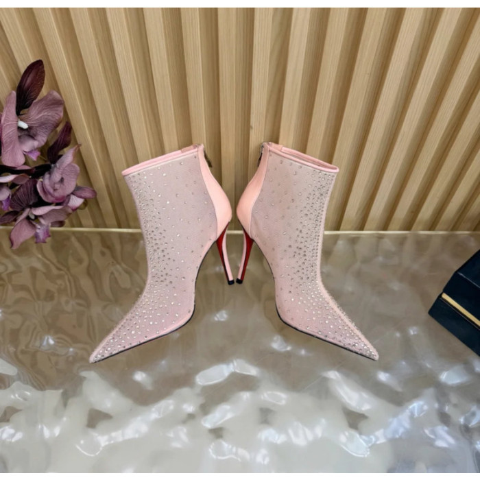 Christian Louboutin Nude Mesh 100mm Crystal‑Embellished Pointed Toe Stiletto Heel Ankle Boots