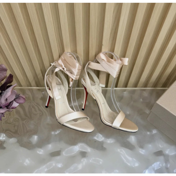 Christian Louboutin Champagne Satin 100mm Ankle‑Wrap Tie Stiletto Sandals