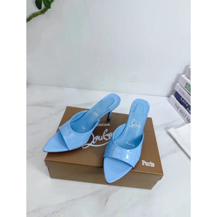 Christian Louboutin Light Blue Patent 85mm Pointed‑Toe Mule Heels
