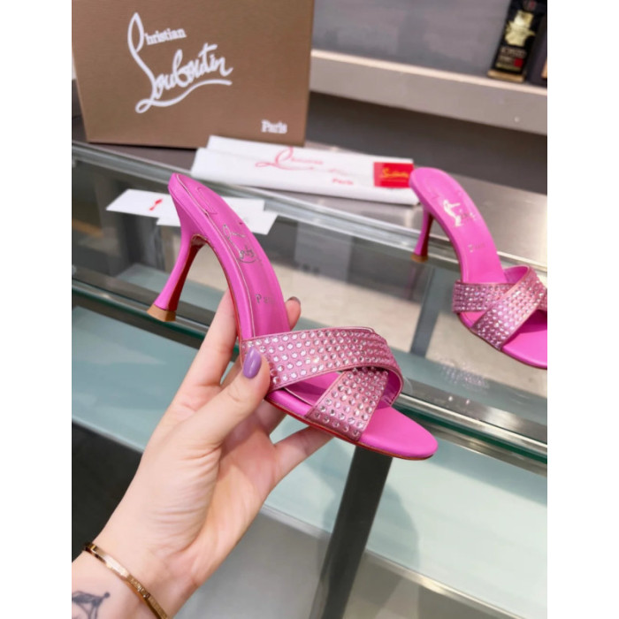 Christian Louboutin Pink Crystal Crisscross Mule Slide Sandal 100mm heel