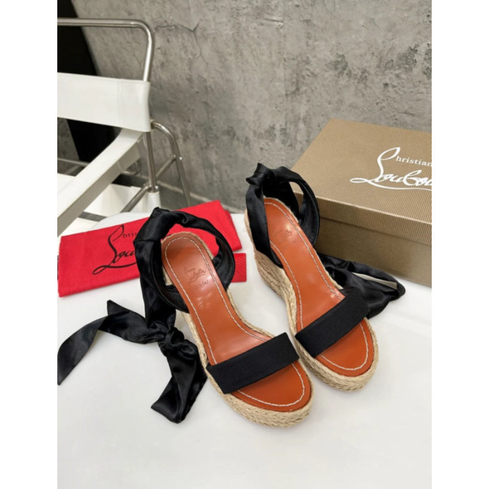 Christian Louboutin Black Textile 120mm heel Wedge Ankle‑Wrap Espadrille Sandal