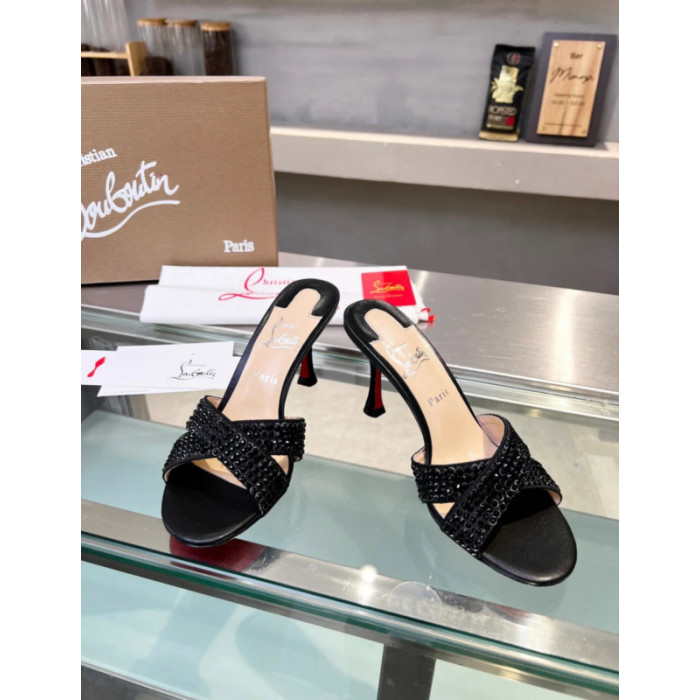 Christian Louboutin Black Crystal Crisscross Mule Slide Sandal 100mm heel