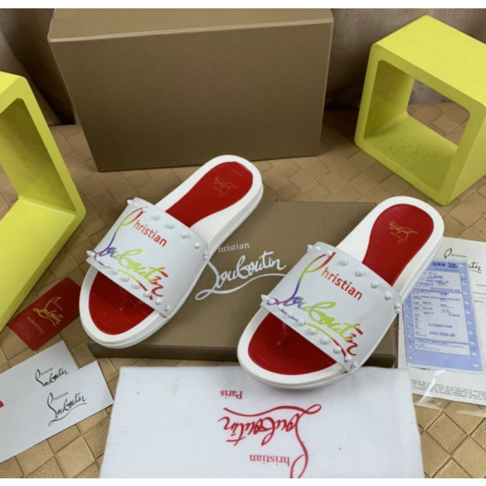 Christian Louboutin White Rainbow‑Logo Spiked Slip‑On Slide Sandals