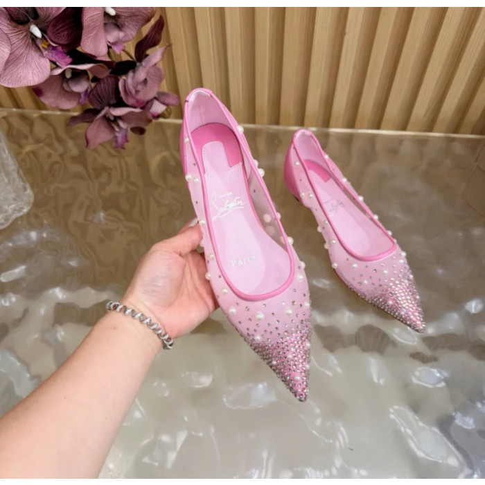 Christian Louboutin Pink Mesh Pearl Crystal‑Embellished Pointed‑Toe Flat Pumps