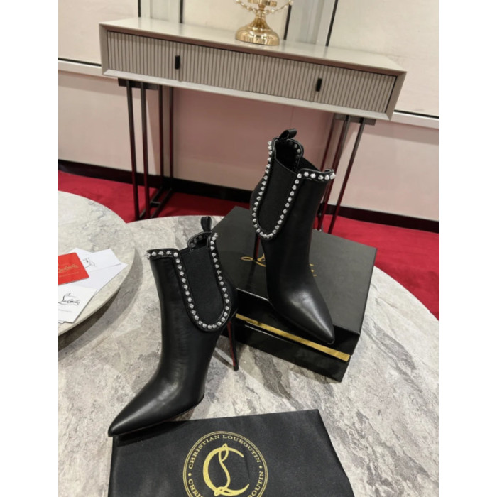 Christian Louboutin Black Leather 100mm Spiked Stiletto Pointed Toe Ankle Boots