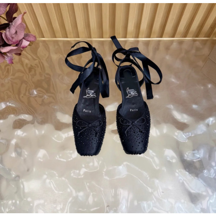 Christian Louboutin Black Satin Crystal‑Embellished Ankle‑Tie Slingback Ballet Flats