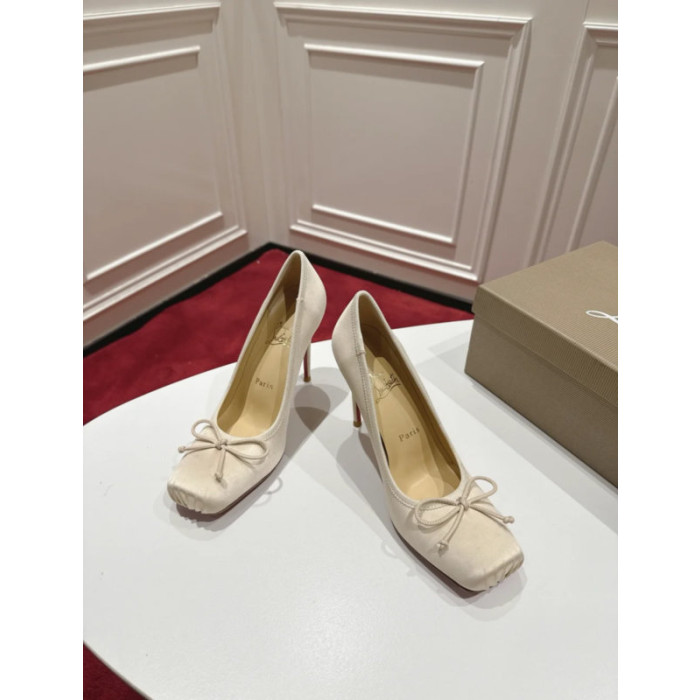 Christian Louboutin Ivory Satin Bow 100mm Square Toe Stiletto Pumps