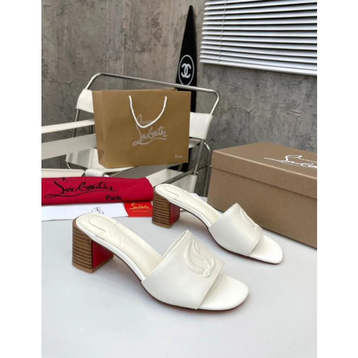 Christian Louboutin White Leather 55mm heel Block Heel Slide Sandal
