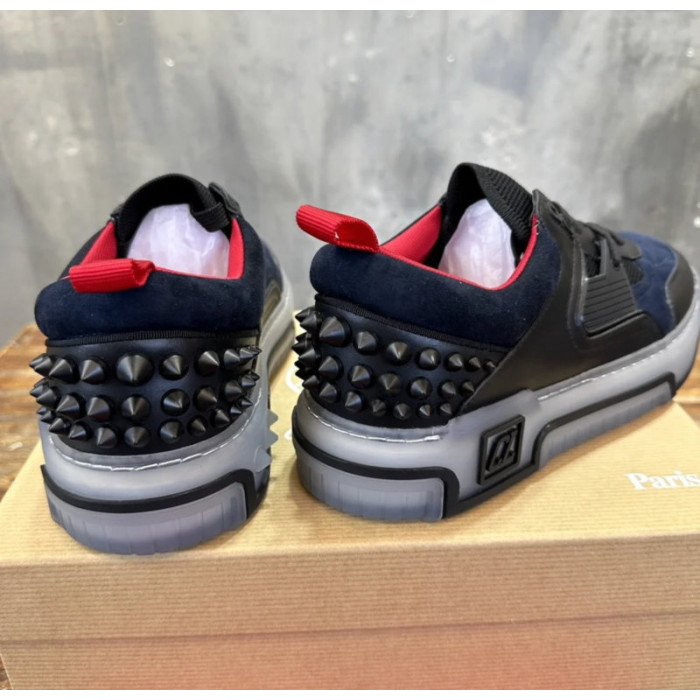 Christian Louboutin Navy‑Black Suede Mesh Spiked Platform Low‑Top Sneakers