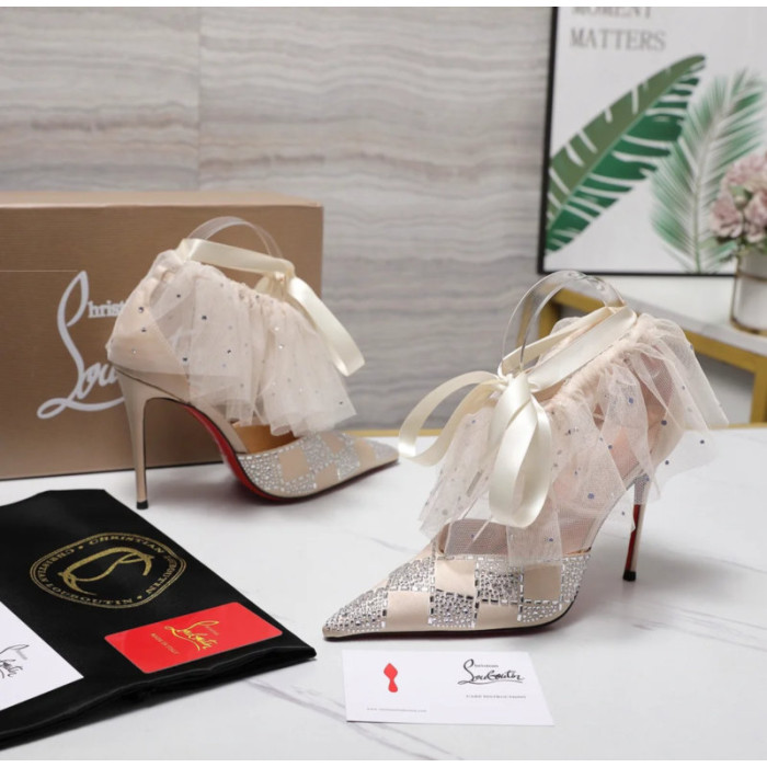 Christian Louboutin Ivory Satin Checkerboard Crystal Tulle Ruffle 100mm Stiletto Heel Pumps