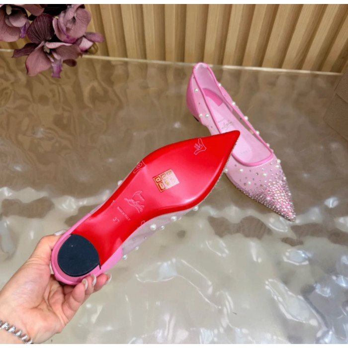 Christian Louboutin Pink Mesh Pearl Crystal‑Embellished Pointed‑Toe Flat Pumps